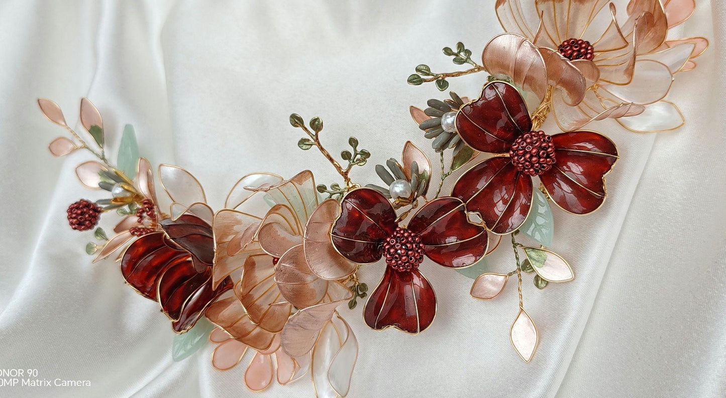 Burgundy Flower Wedding Hair Vine – Iridescent Autumn Bridal Crown