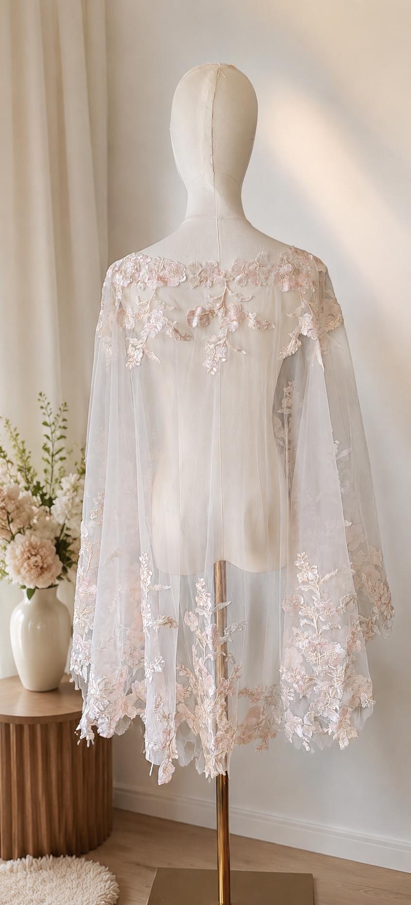 Pastel beige and pink floral capelet. Floral cape. Pastel cape. Bridal cover up. Brides bolero