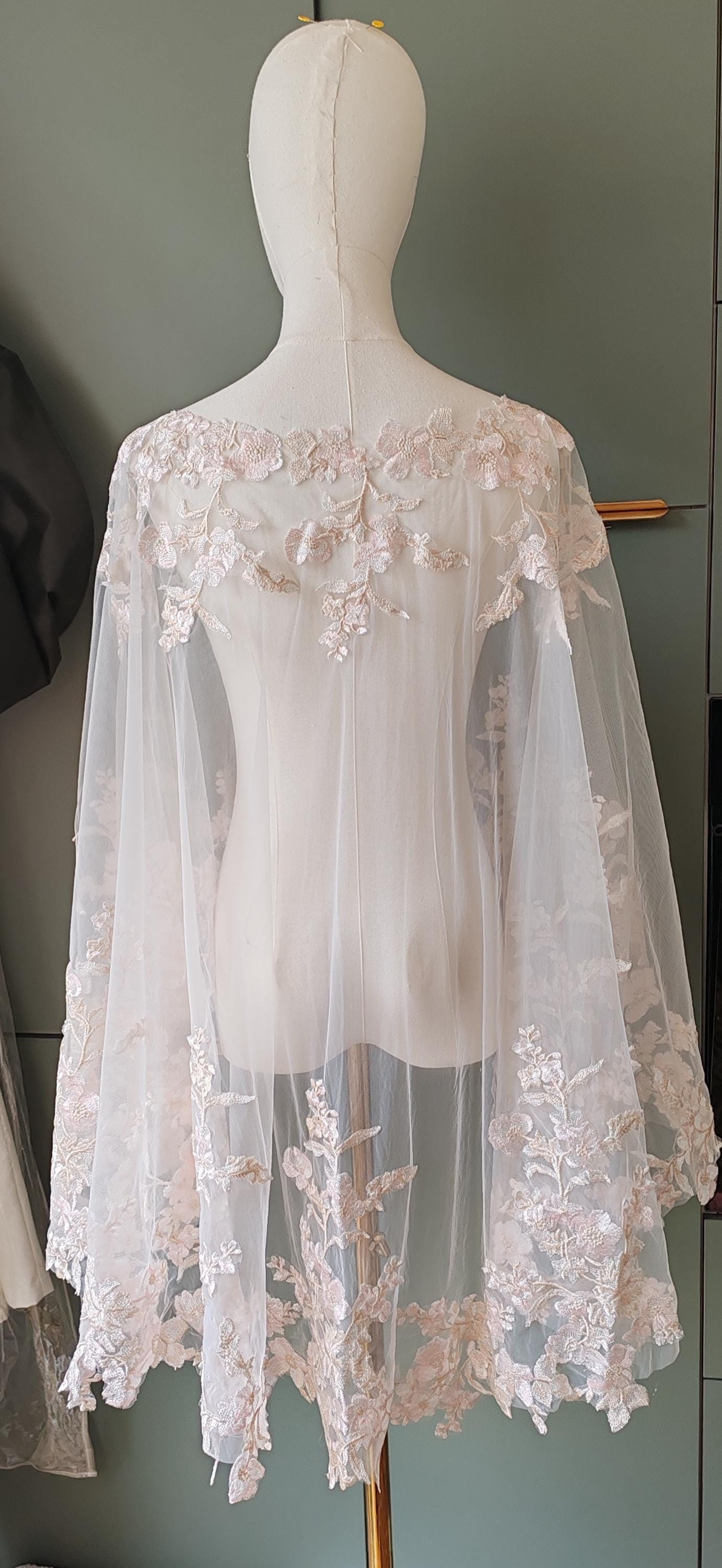 Pastel beige and pink floral capelet. Floral cape. Pastel cape. Bridal cover up. Brides bolero