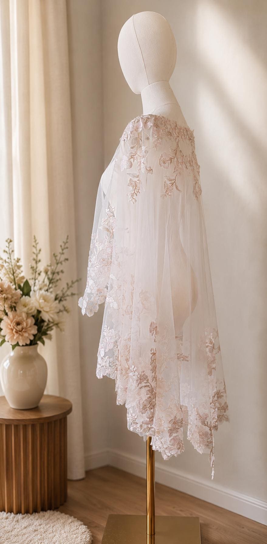 Pastel beige and pink floral capelet. Floral cape. Pastel cape. Bridal cover up. Brides bolero