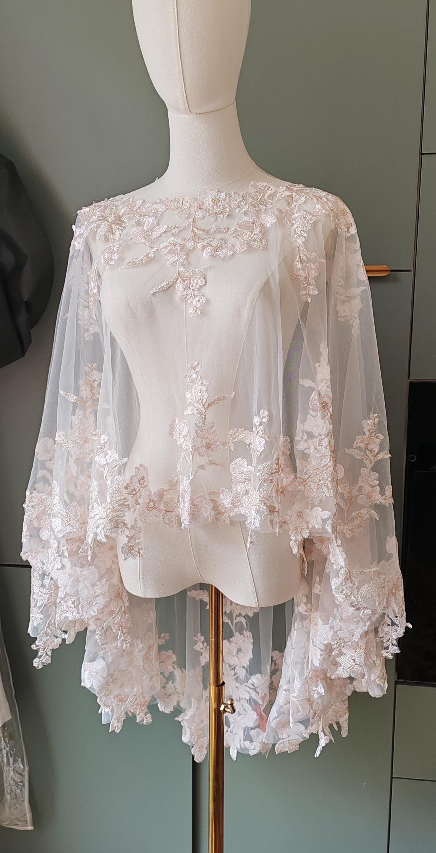 Pastel beige and pink floral capelet. Floral cape. Pastel cape. Bridal cover up. Brides bolero