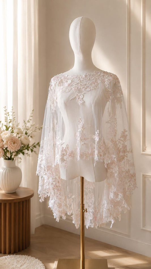 Pastel beige and pink floral capelet. Floral cape. Pastel cape. Bridal cover up. Brides bolero