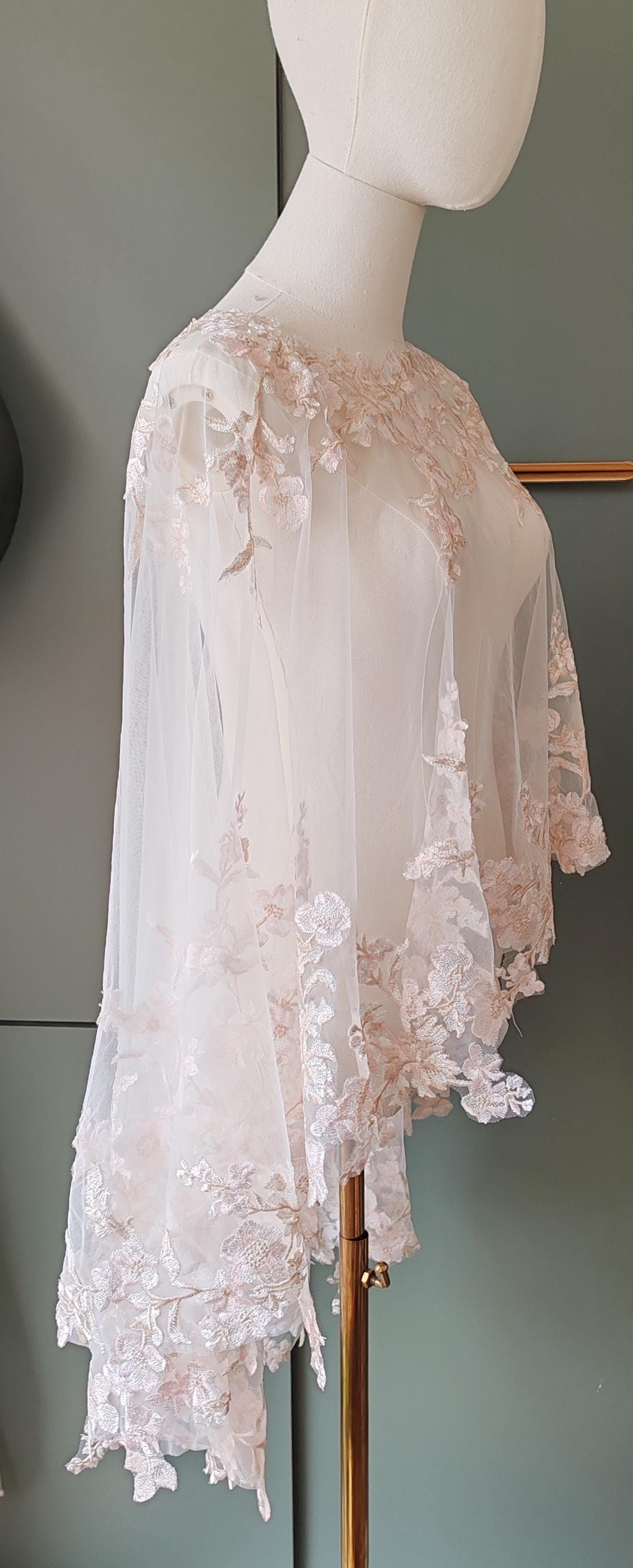 Pastel beige and pink floral capelet. Floral cape. Pastel cape. Bridal cover up. Brides bolero