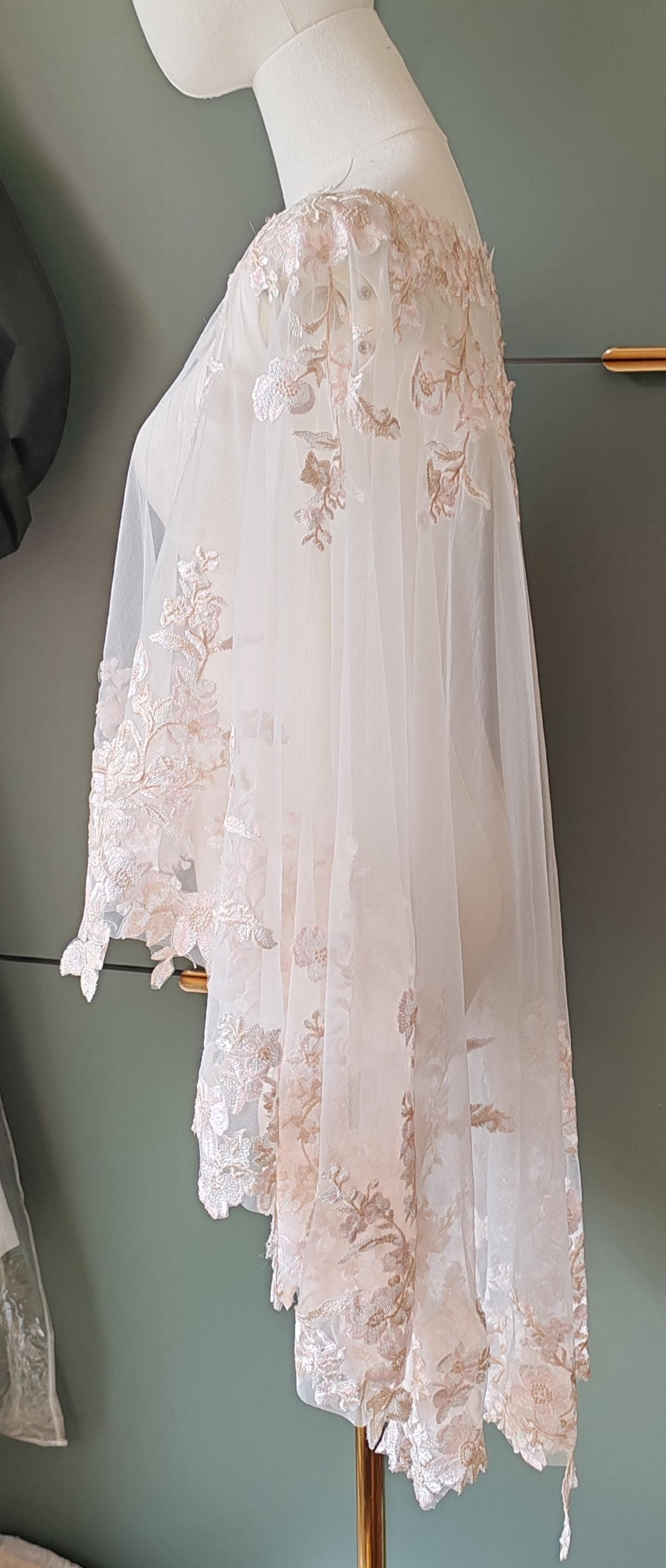 Pastel beige and pink floral capelet. Floral cape. Pastel cape. Bridal cover up. Brides bolero