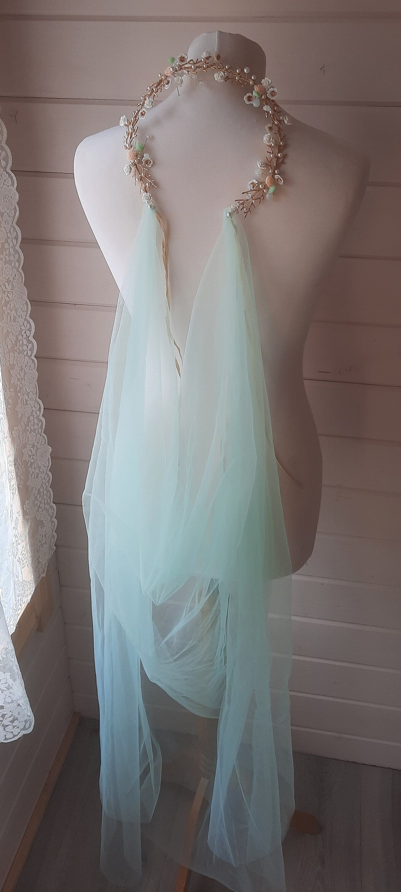 Floral tiara and veil / Peach and mint bridal headpiece / Wedding tiara and veil / Flower crown and veil / detachable veil