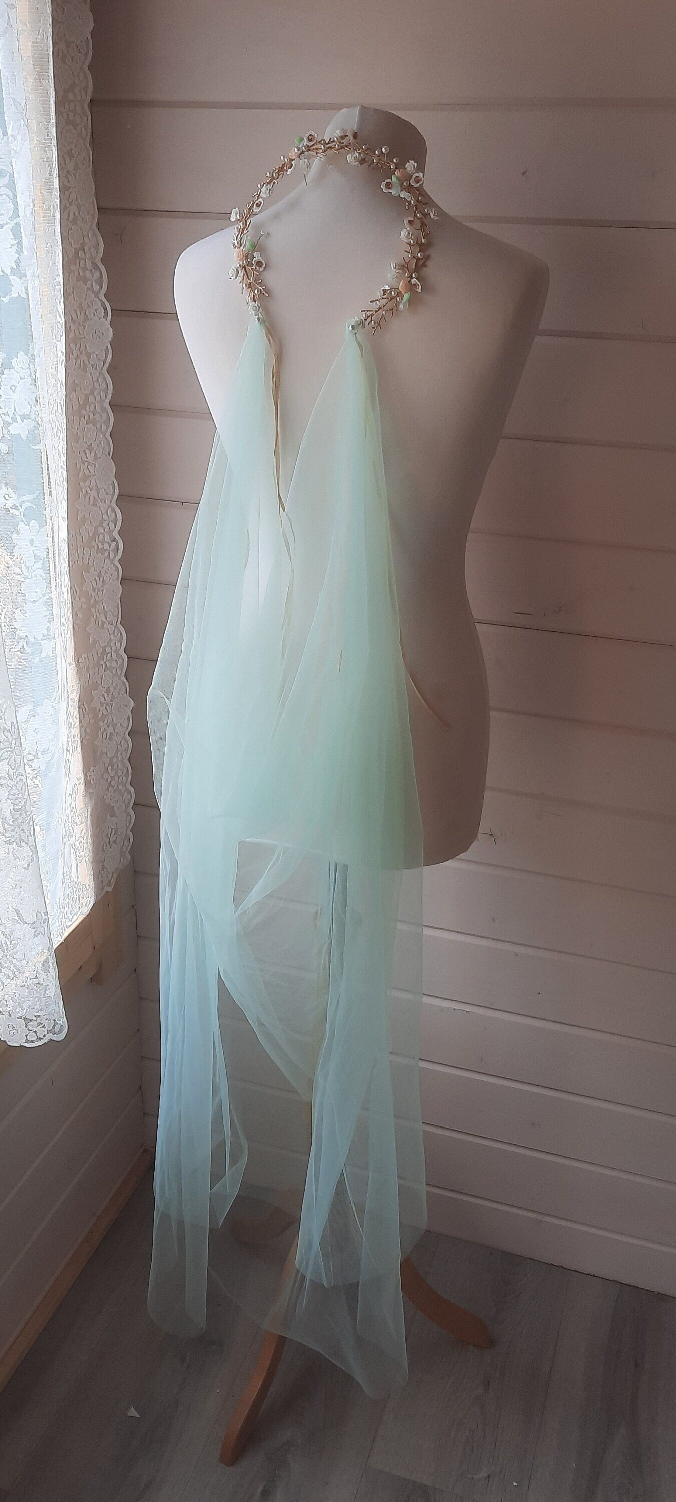 Floral tiara and veil / Peach and mint bridal headpiece / Wedding tiara and veil / Flower crown and veil / detachable veil
