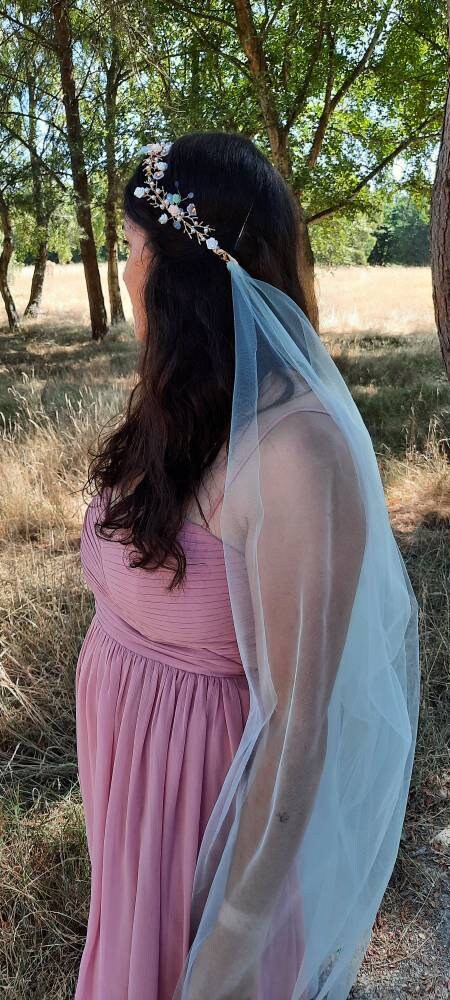 Floral tiara and veil / Peach and mint bridal headpiece / Wedding tiara and veil / Flower crown and veil / detachable veil