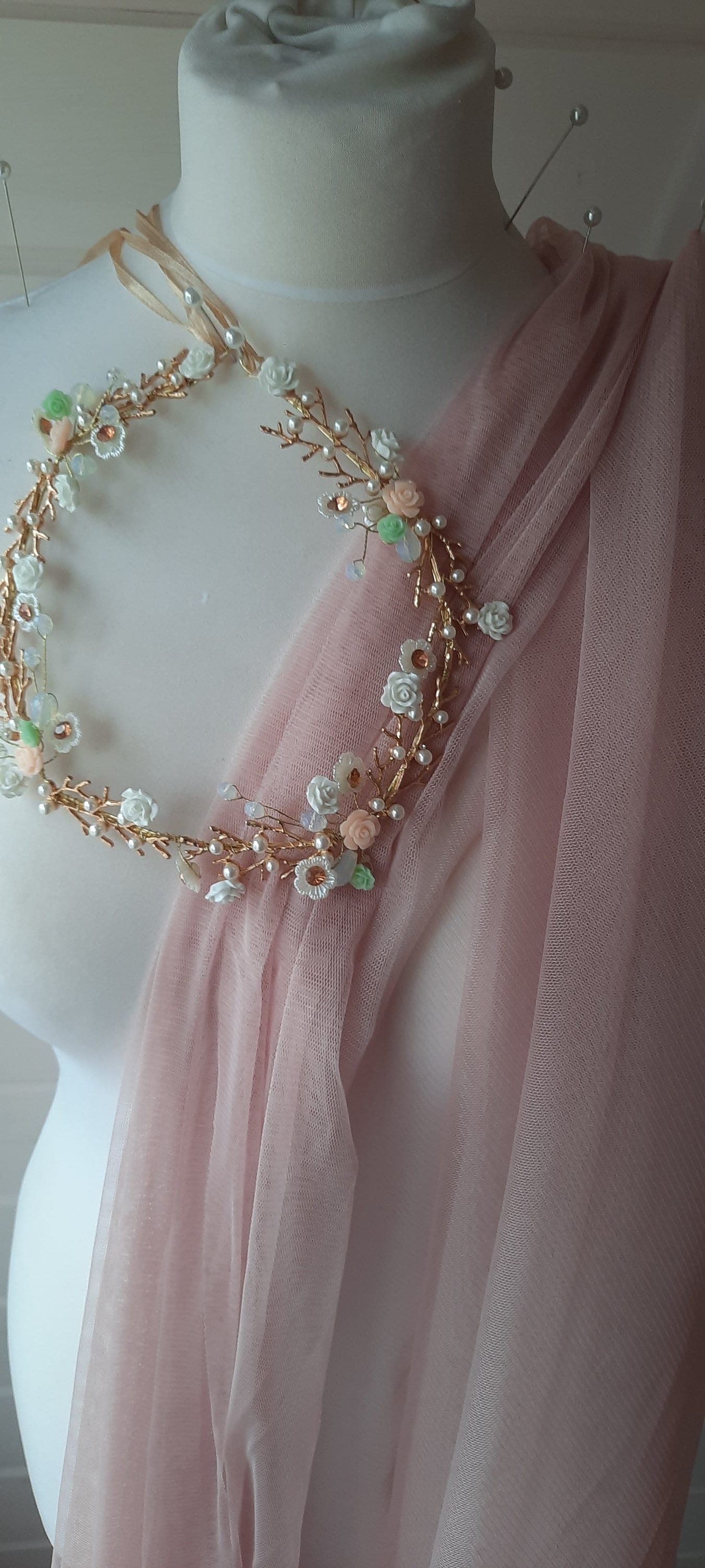 Floral tiara and veil / Peach and mint bridal headpiece / Wedding tiara and veil / Flower crown and veil / detachable veil