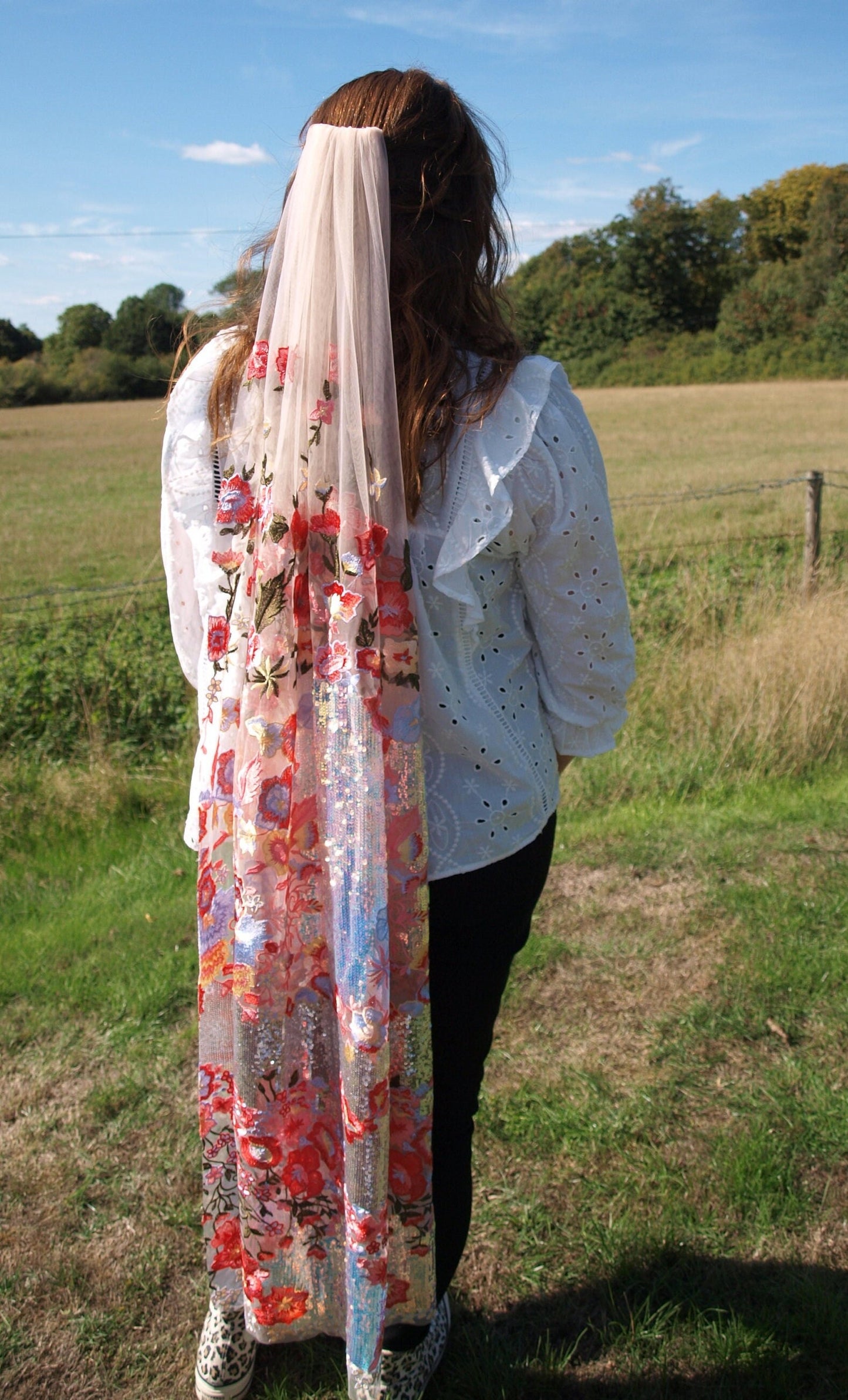Pink floral sequin veil. Colourful alternative bridal veil. Valentina.