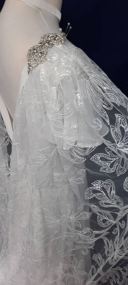 White floral sequin wedding cape.  Floral bridal cape, veil alternative. White wedding cape.