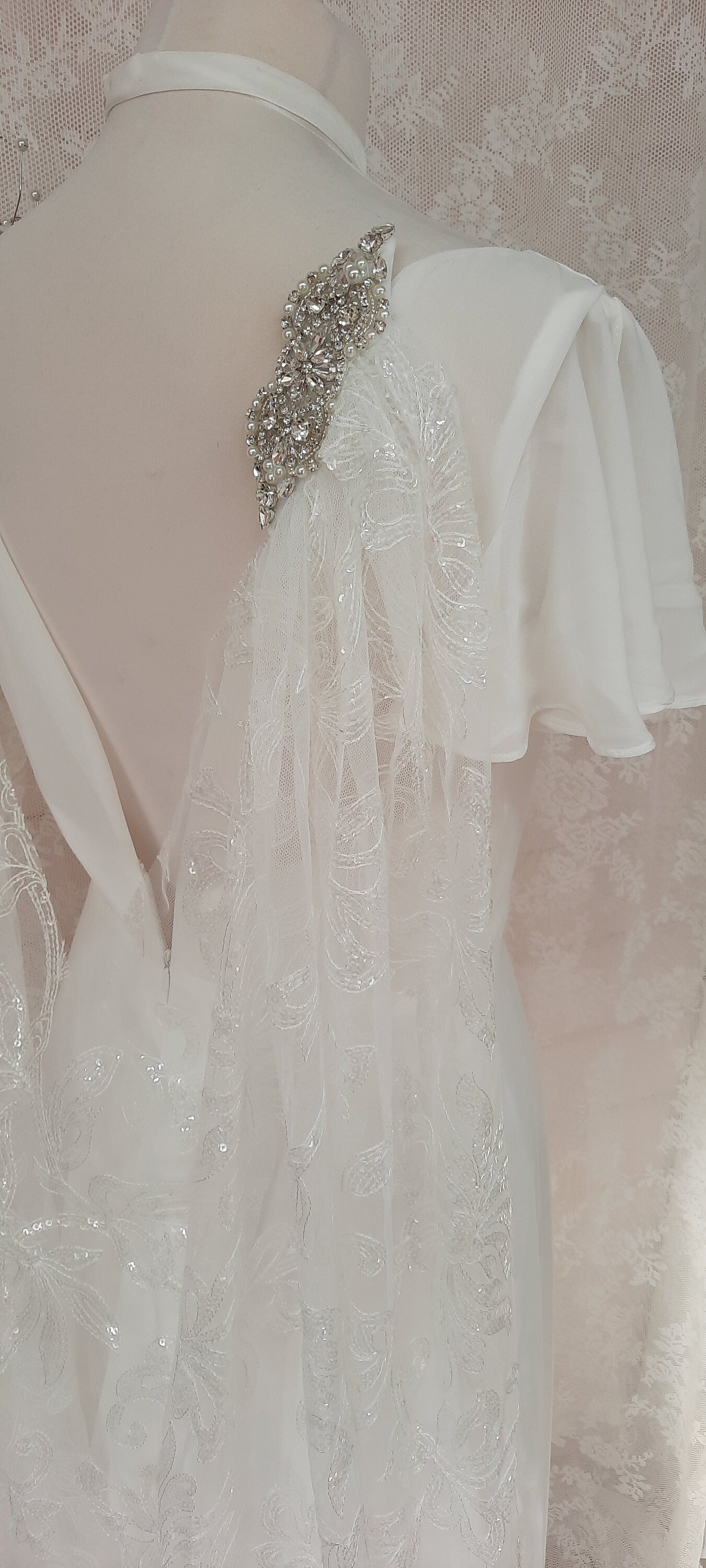 White floral sequin wedding cape.  Floral bridal cape, veil alternative. White wedding cape.