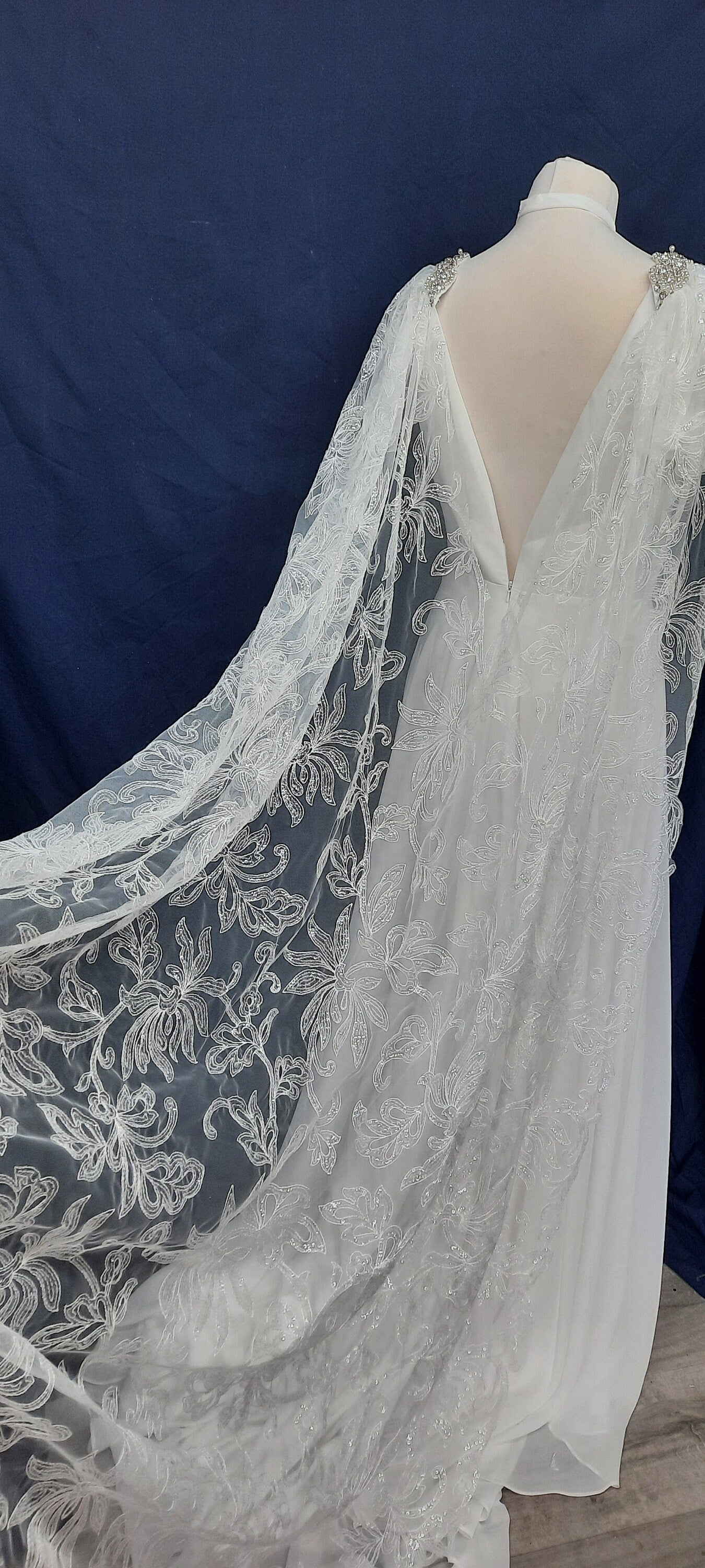 White floral sequin wedding cape.  Floral bridal cape, veil alternative. White wedding cape.