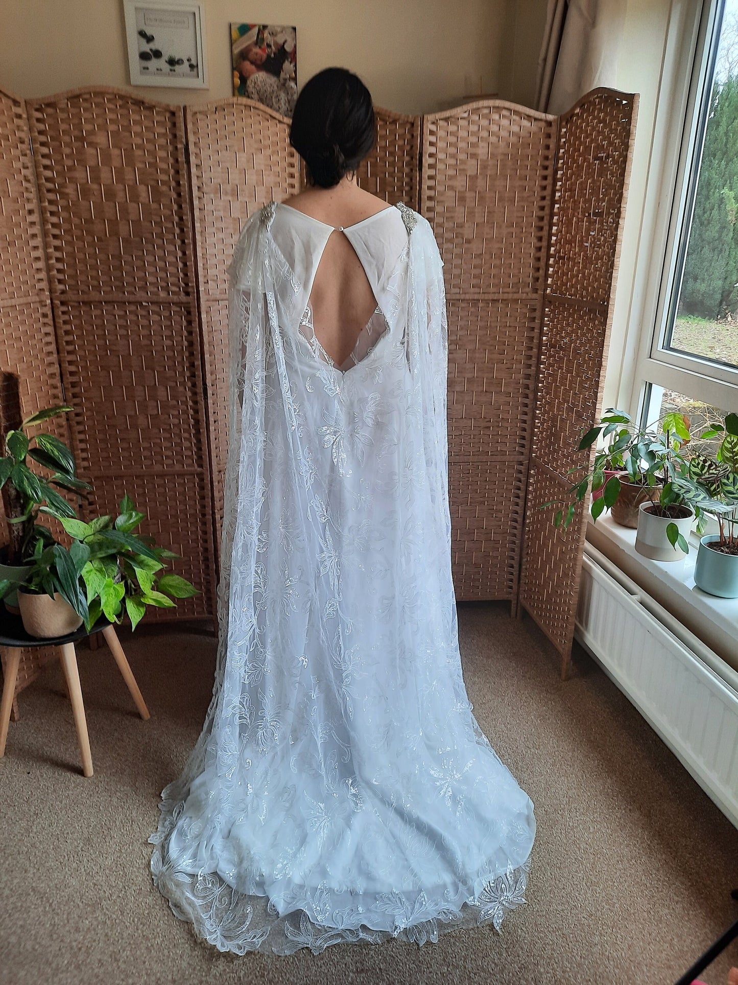 White floral sequin wedding cape.  Floral bridal cape, veil alternative. White wedding cape.