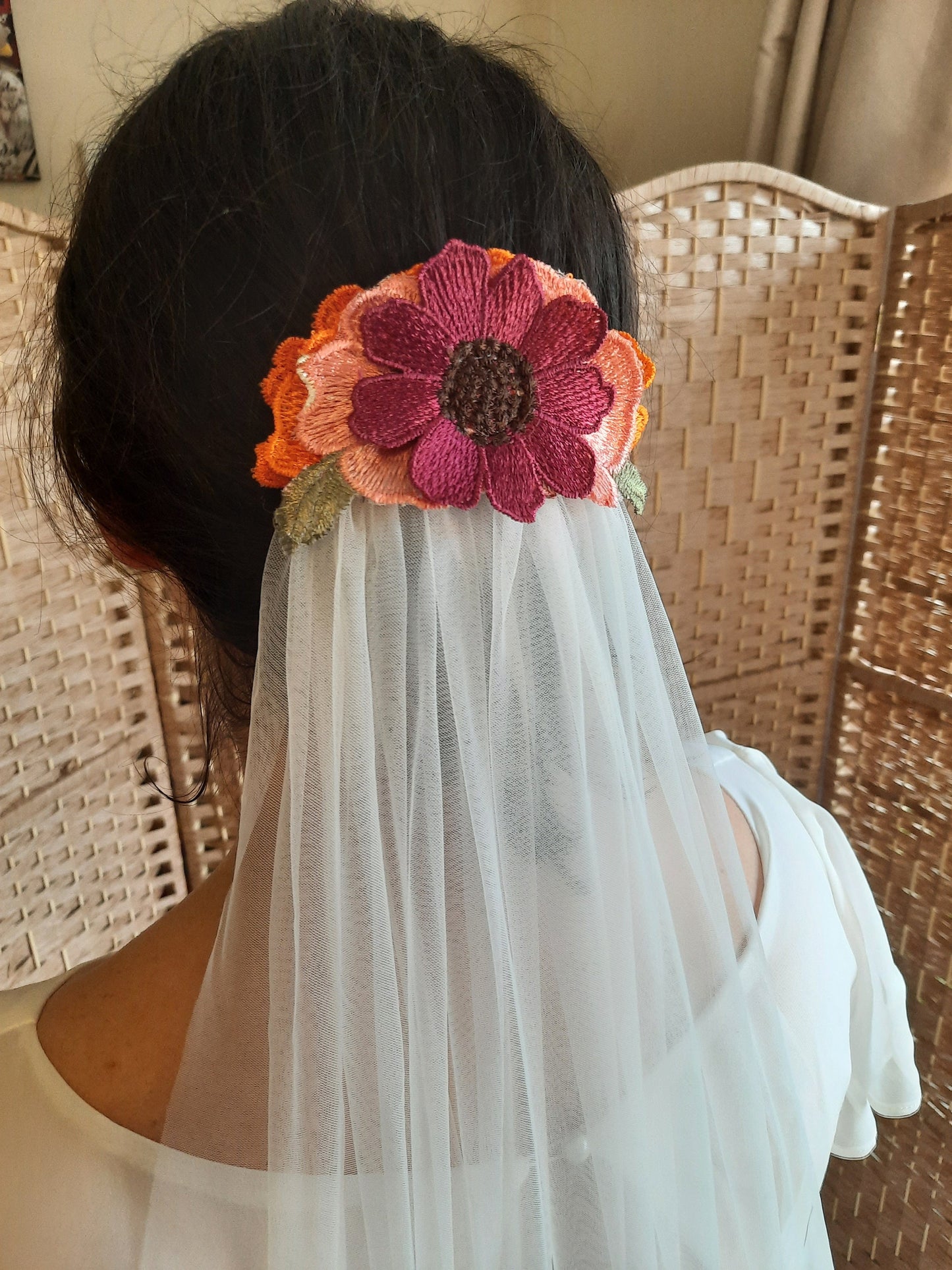 Colourful floral veil. Veil with embroidered flowers. Alternative bridal veil.