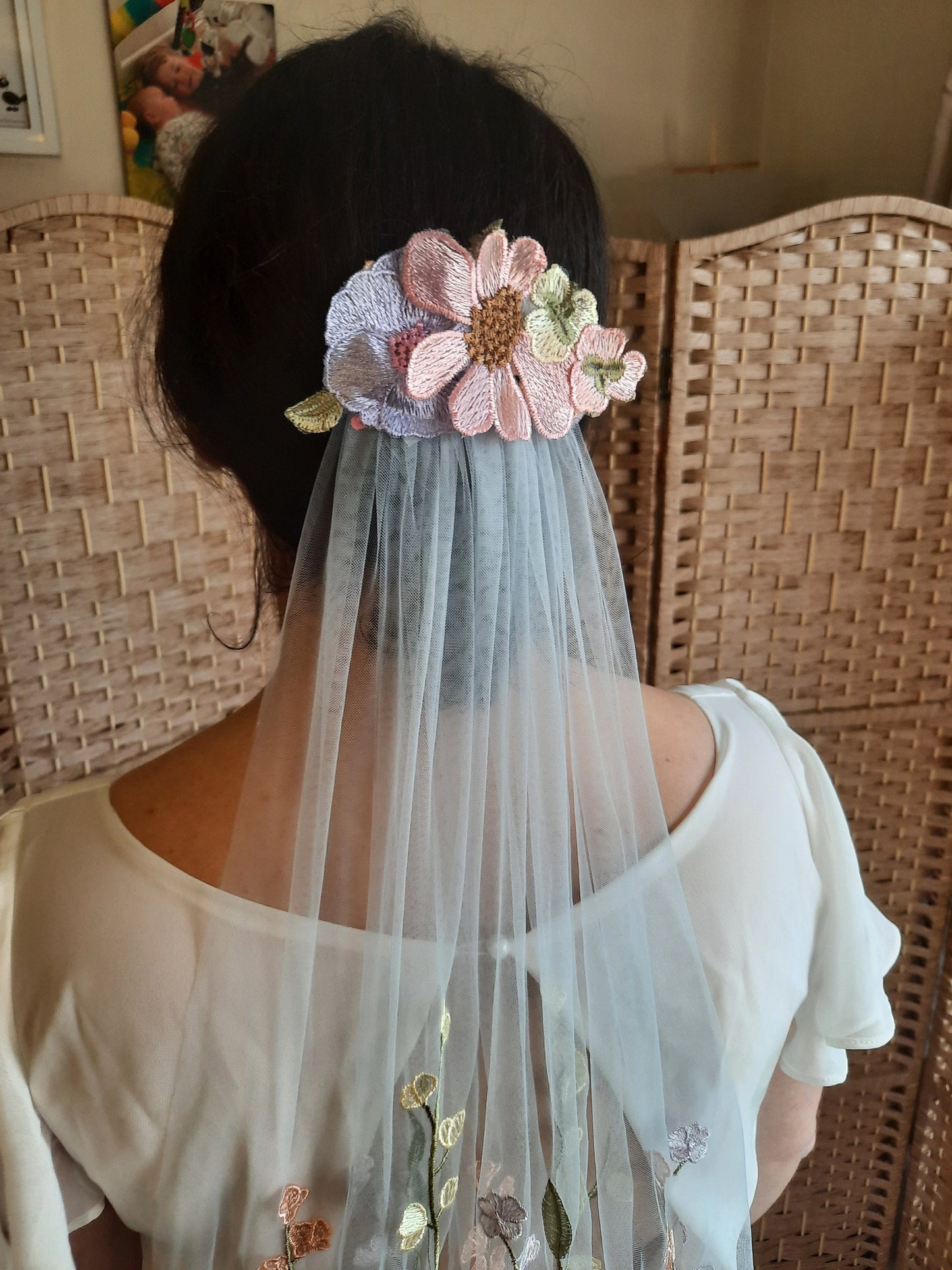 Colourful floral veil. Veil with embroidered flowers. Alternative bridal veil.