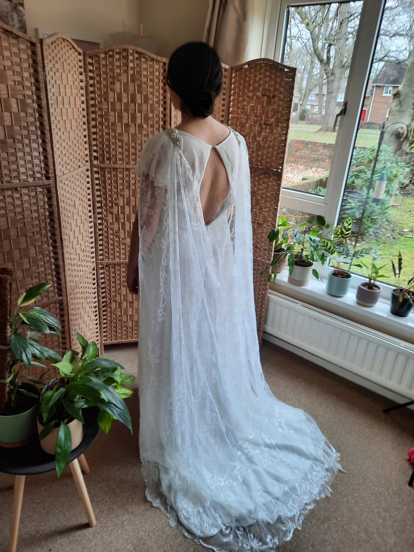 White floral sequin wedding cape.  Floral bridal cape, veil alternative. White wedding cape.