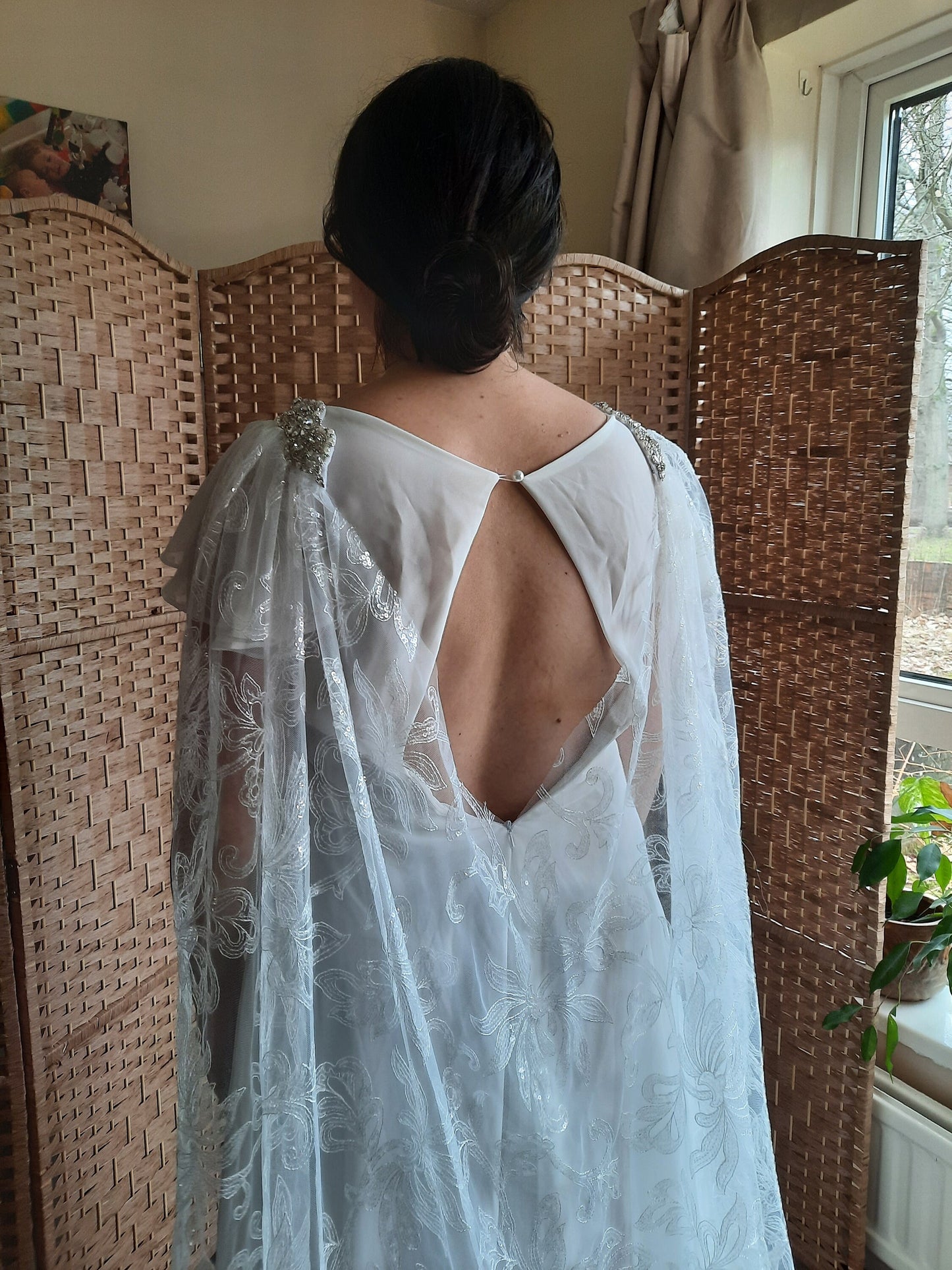 White floral sequin wedding cape.  Floral bridal cape, veil alternative. White wedding cape.