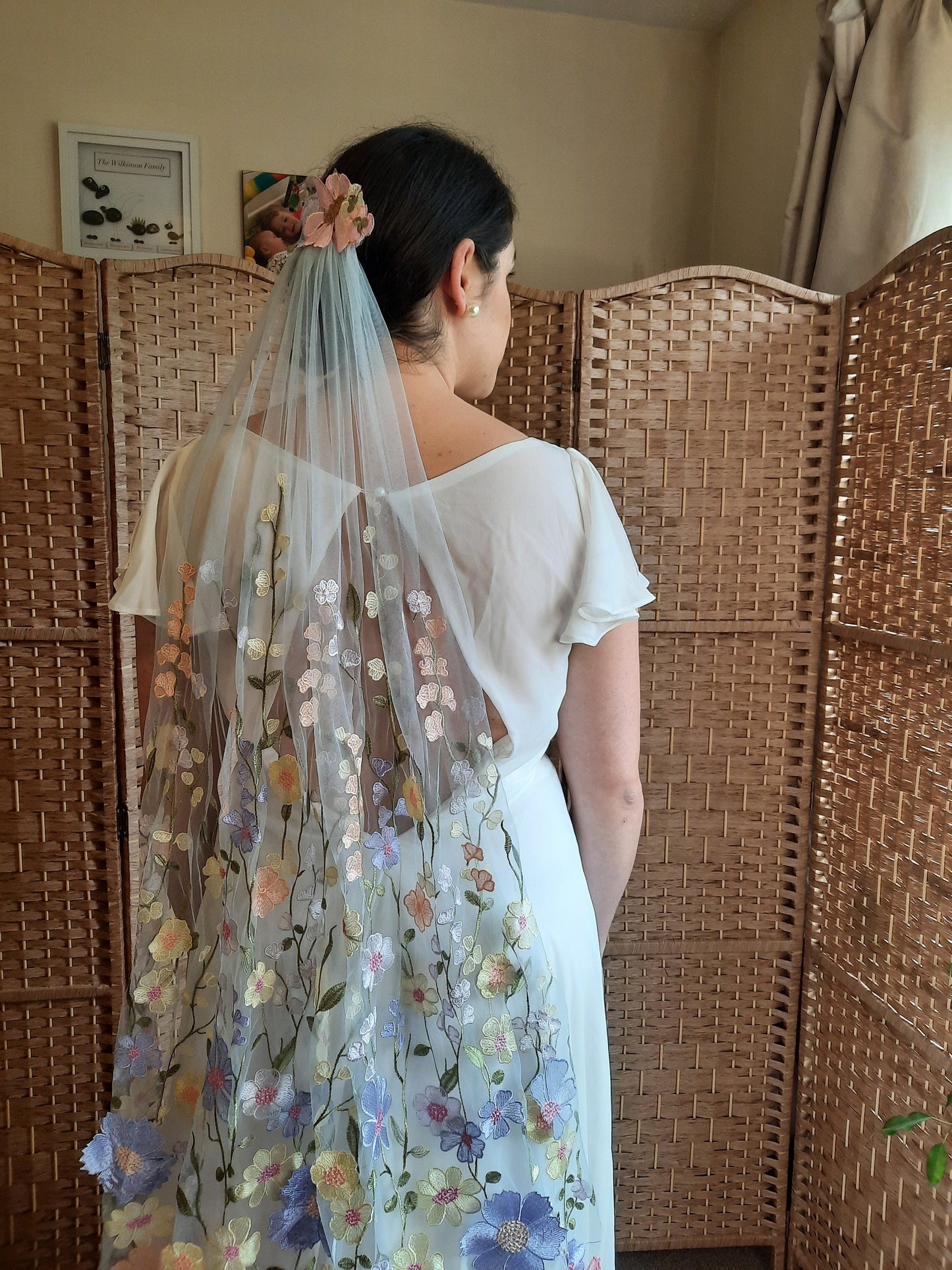 Colourful floral veil. Veil with embroidered flowers. Alternative bridal veil.