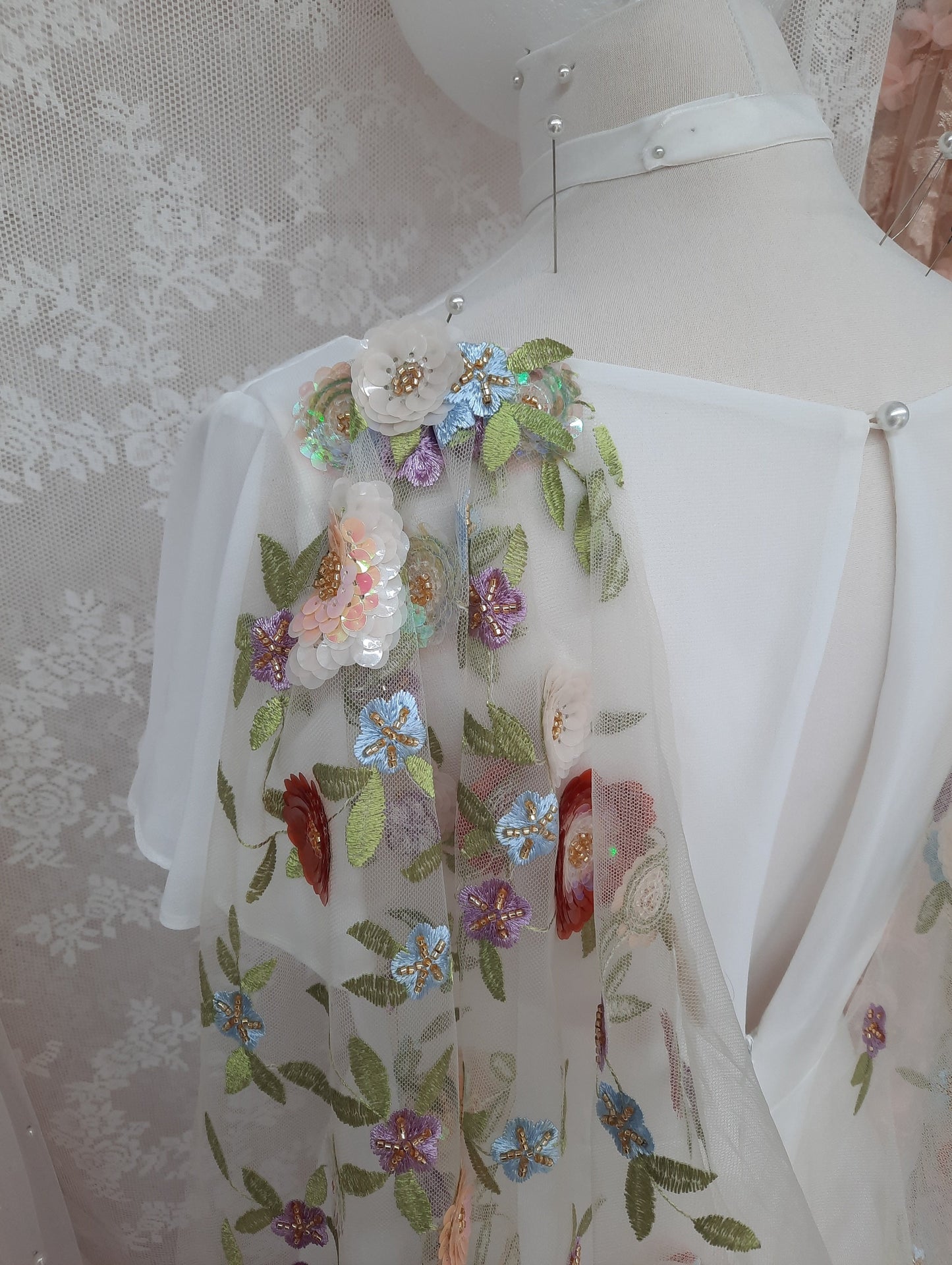 Floral sequin bridal cape / Back -reveal bridal cape /  Woodland wedding Cape / 'Ottilie' fabric