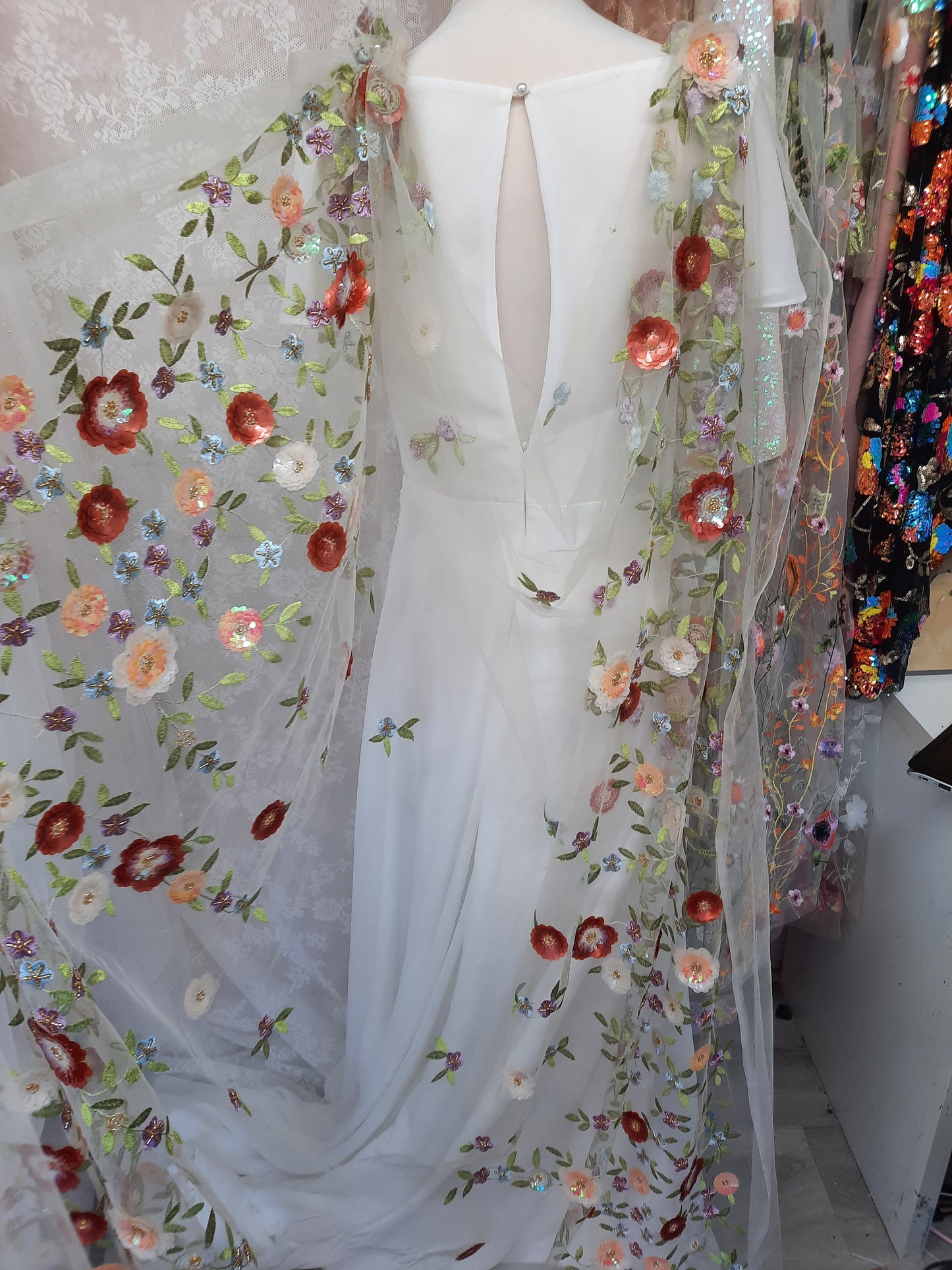 Floral sequin bridal cape / Back -reveal bridal cape /  Woodland wedding Cape / 'Ottilie' fabric