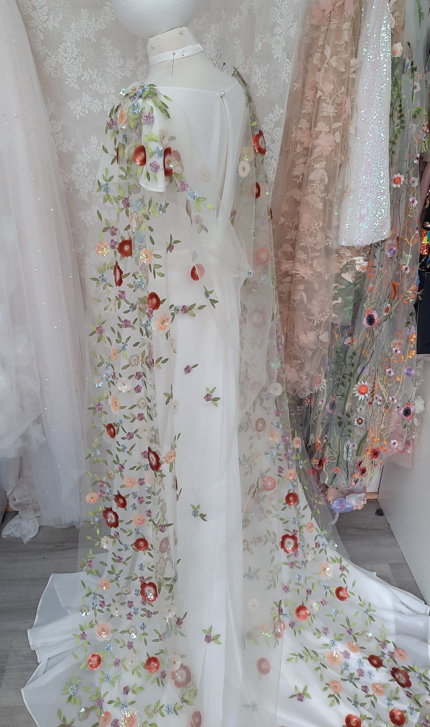 Floral sequin bridal cape / Back -reveal bridal cape /  Woodland wedding Cape / 'Ottilie' fabric