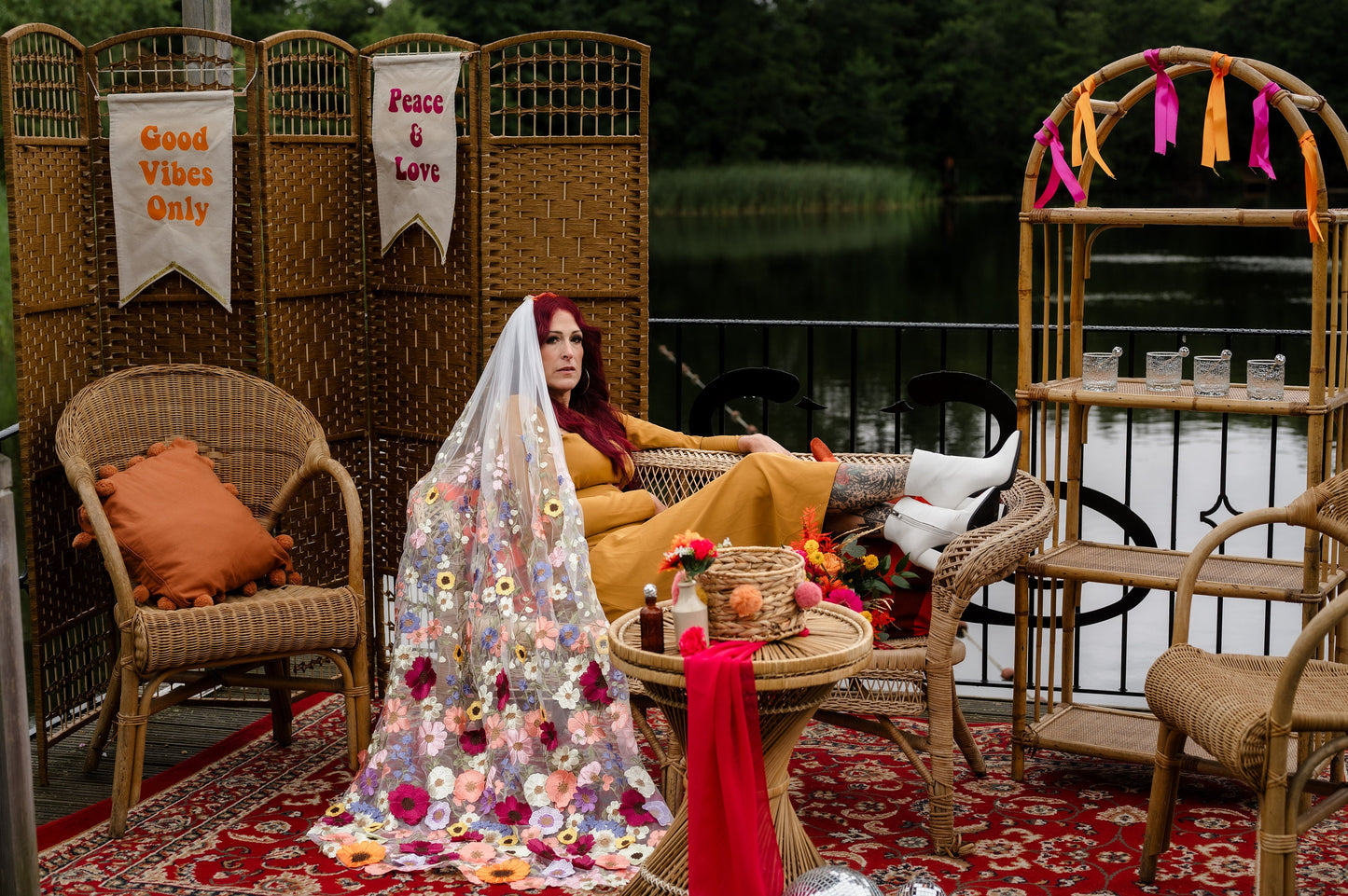 Colourful floral veil. Veil with embroidered flowers. Alternative bridal veil.