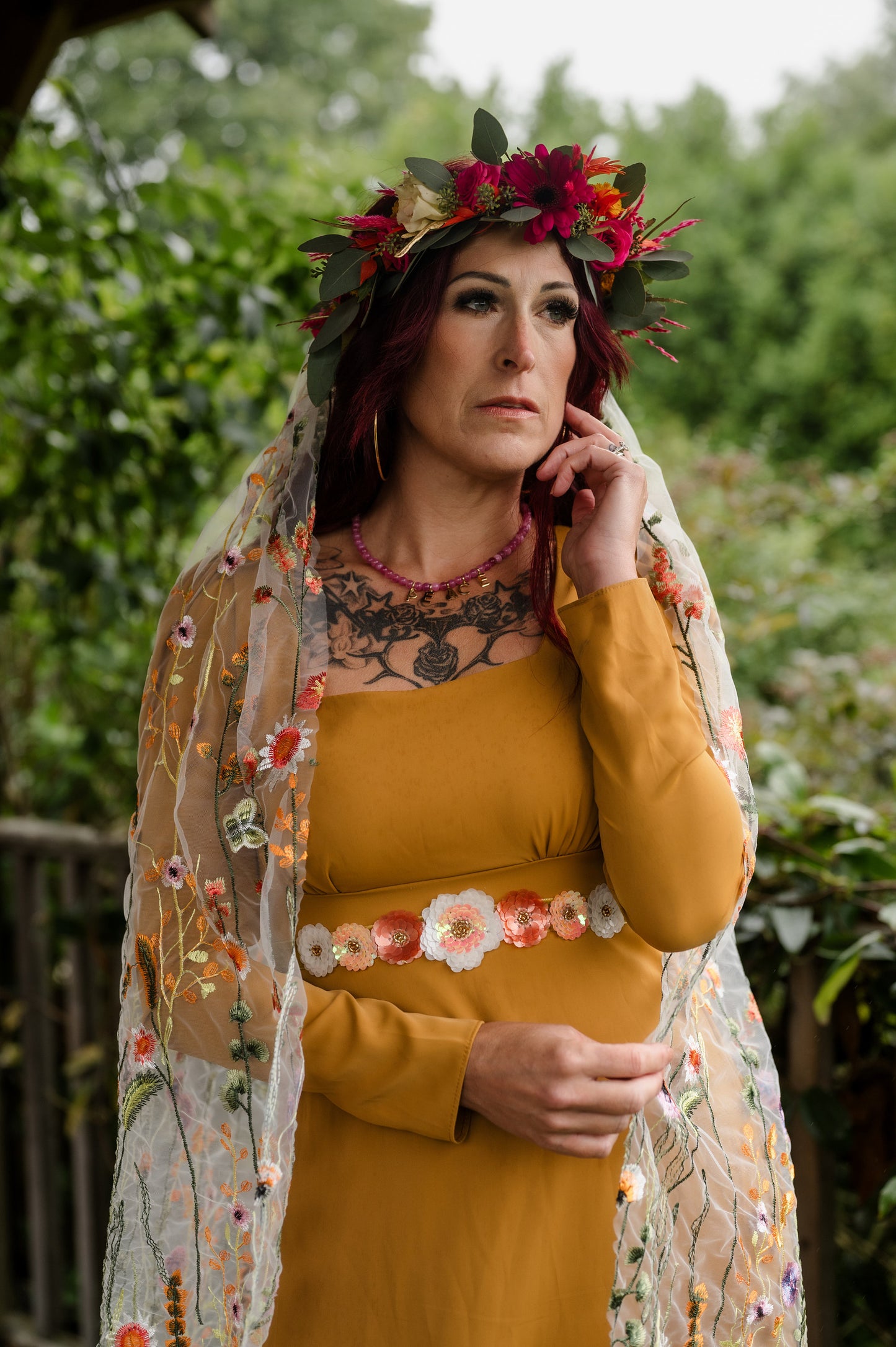 Orange wildflower veil / veil with embroidered flowers / alternative bridal veil / woodland wedding veil / floral wedding veil