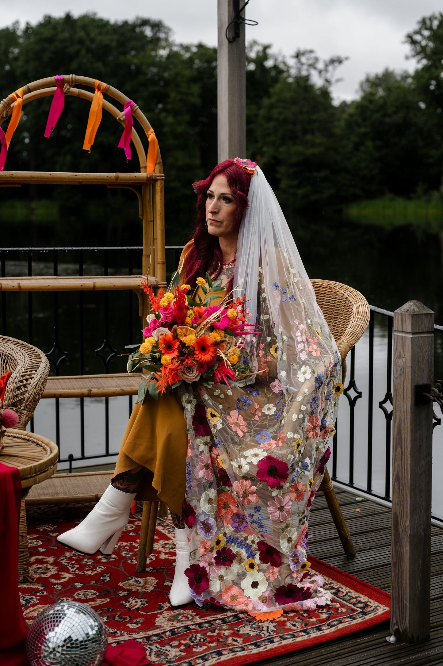 Colourful floral veil. Veil with embroidered flowers. Alternative bridal veil.