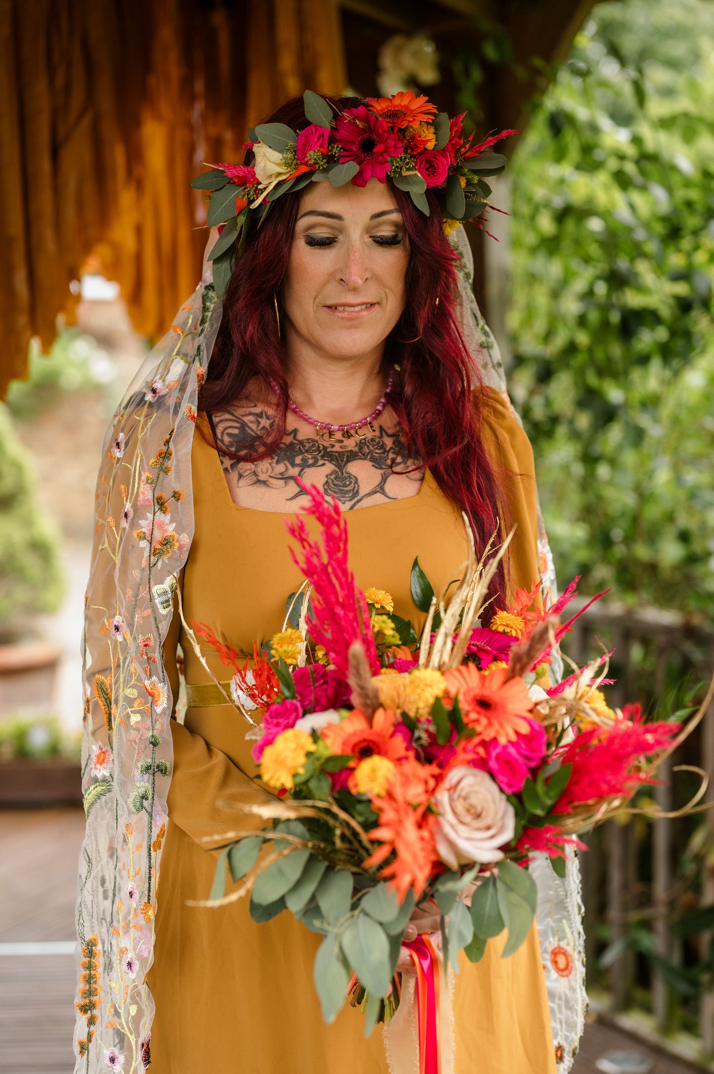 Orange wildflower veil / veil with embroidered flowers / alternative bridal veil / woodland wedding veil / floral wedding veil