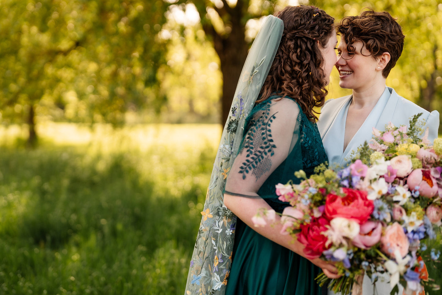 Megan-  green wildflower veil / veil with embroidered flowers / alternative bridal veil / woodland wedding veil.